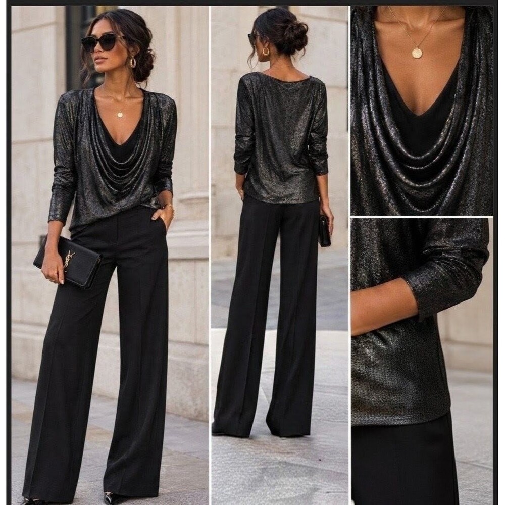 Silence + Noise Drape Front Metallic Effortless Blouse Evening Long Sleeve Sz S